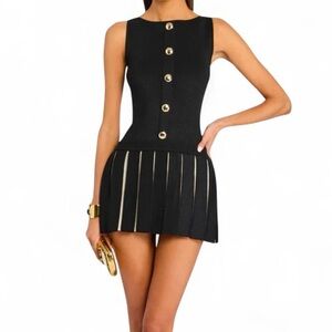 Retrofete Black Mini Dress with Gold Button Accents